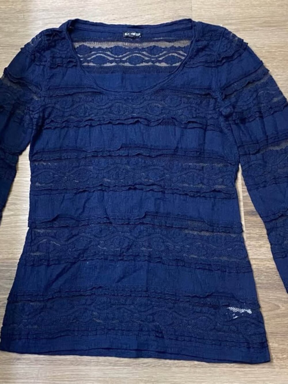 Women’s Medium Navy Blue Coquette Floral Lace Sheer Long Sleeve Layered Mesh Top